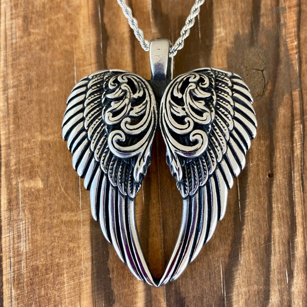 Sanity Jewelry Necklace 2mm 18” Rope Necklace Angel Heart Wings Pendant - Silver Wings - Custom - Rope Necklace or Omega - LAP028