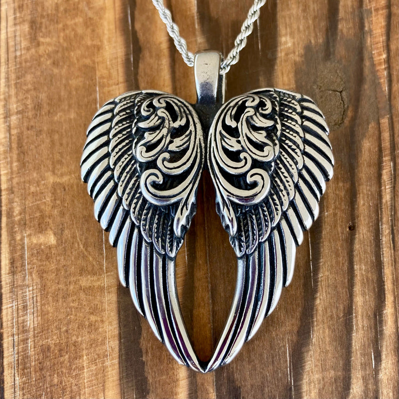 Sanity Jewelry Necklace 2mm 18” Rope Necklace Angel Heart Wings Pendant - Silver Wings - Custom - Rope Necklace or Omega - LAP028