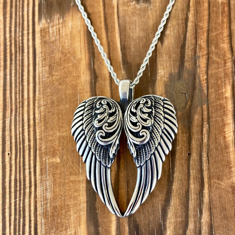 Sanity Jewelry Necklace Angel Heart Wings Pendant - Silver Wings - Custom - Rope Necklace or Omega - LAP028