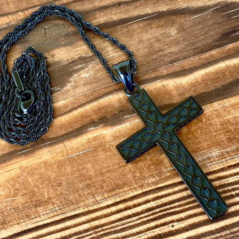 Sanity Jewelry Necklace Cross - Celtic Knot Cross - Black Pendant & Rope Necklace (230)