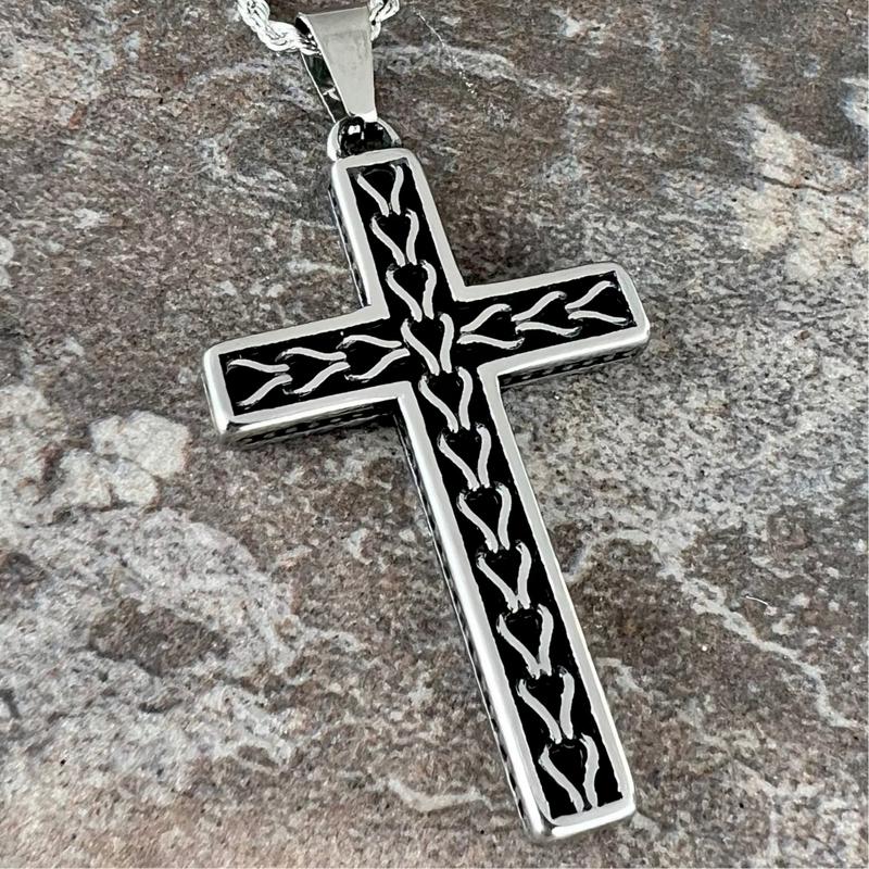 Celtic Pattern Rope Cross Cross - Celtic Knot Cross Silver Pendant - Classic Rope Necklace (487)