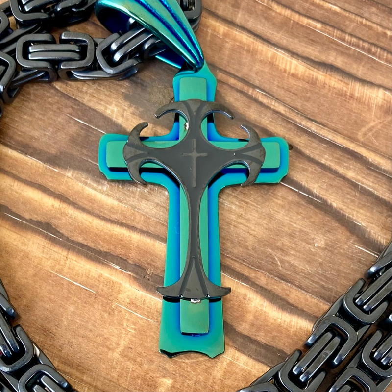 Sanity Jewelry Necklace Cross - Risen Cross Black & Turquoise Pendant - Necklace - SLC830 CLEARANCE