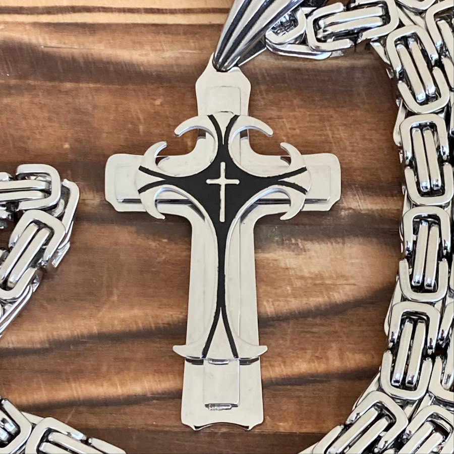 Cross - Risen Cross Silver & Black Pendant - Necklace - PEN823