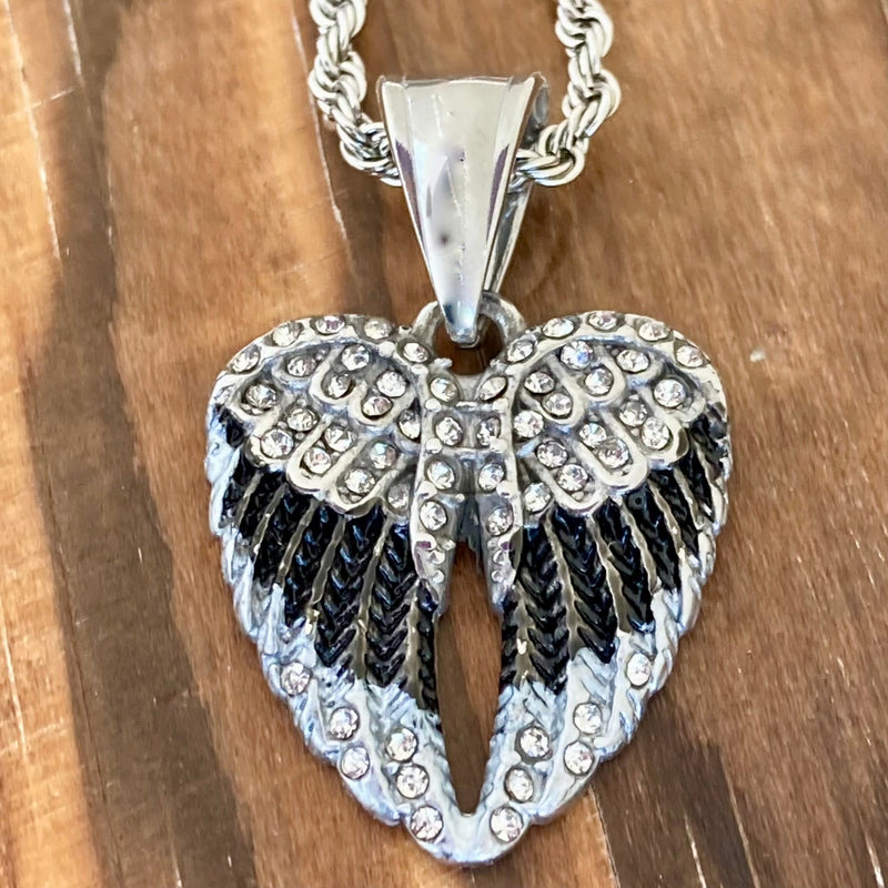 Sanity Jewelry Pendant 16" Rope Necklace Angel Wing Heart Mini - Pendant - Rope Necklace - Black w/White Stones - SK2537C
