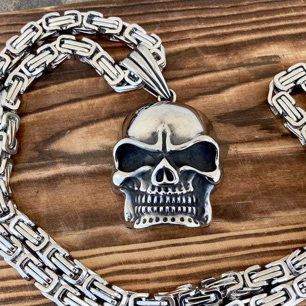 Sanity Jewelry Pendant 22” Silver Bone Crusher Skull - Hollow Back Pendant & Necklace (251)