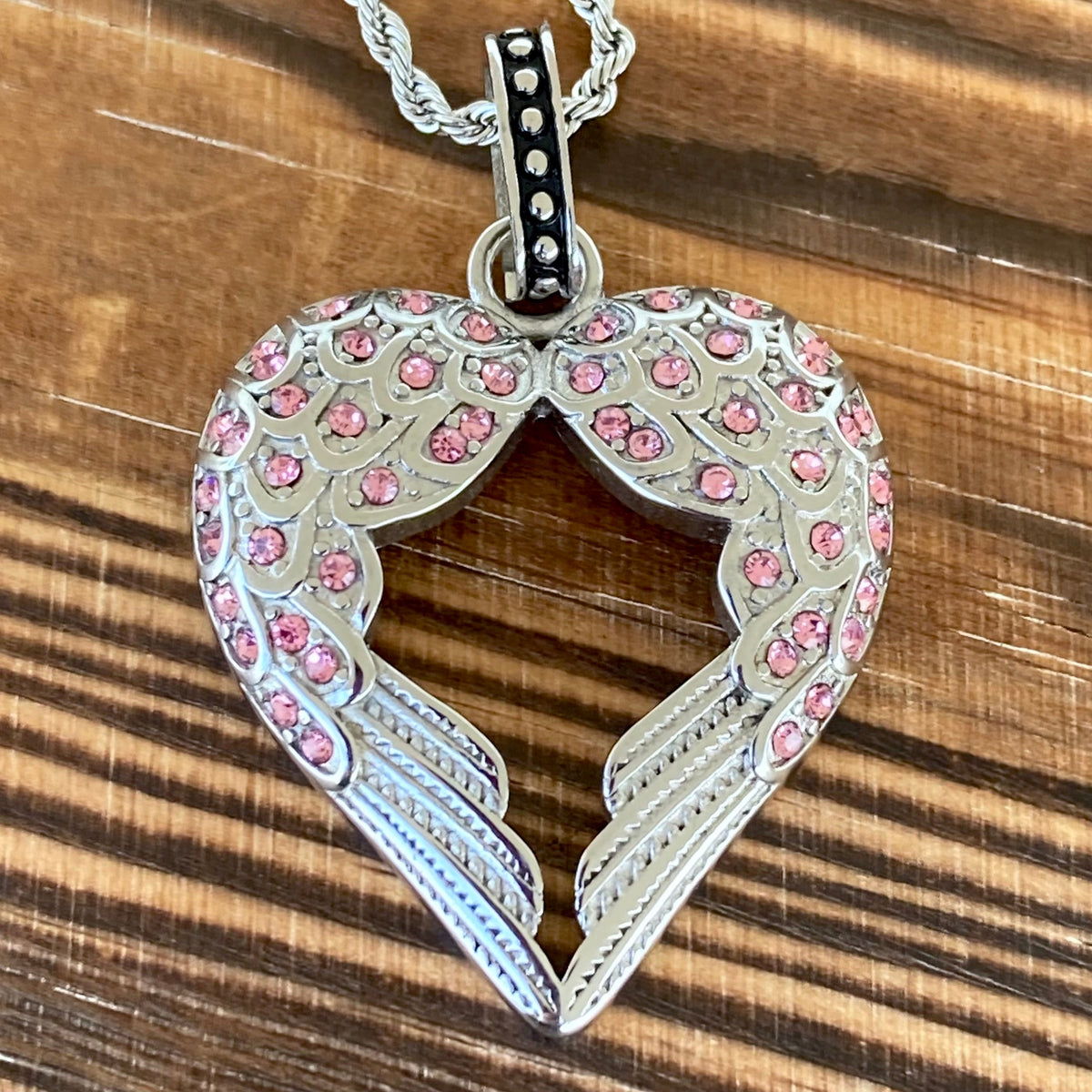Angel Heart Wings Pendant - Silver W/Pink Stone - Rope Necklace or Ome
