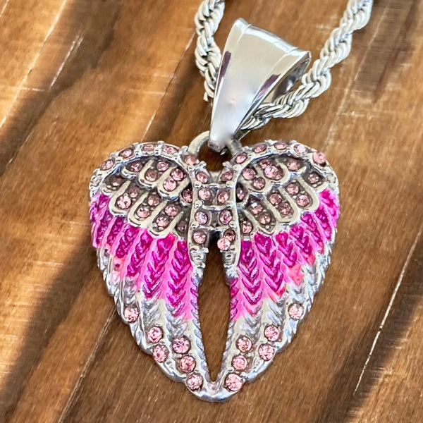 Sanity Jewelry Pendant 2mm 16” Rope Necklace Angel Wing Heart Mini - Pendant - Rope Necklace - Pink Stone - SK2538C