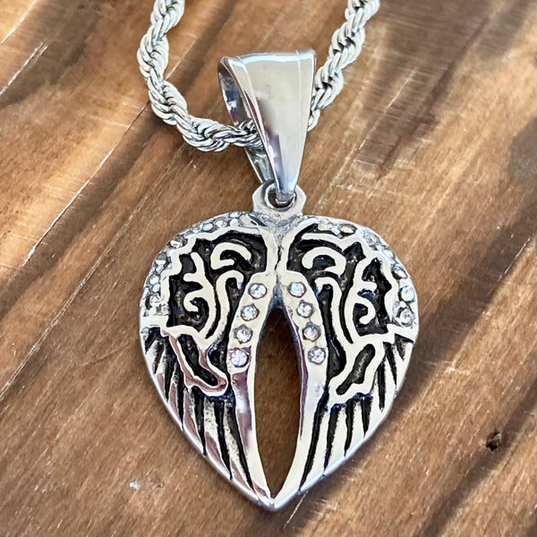 Sanity Jewelry Pendant 2mm 16” Rope Necklace Angel Wing Heart Mini - Pendant - Rope Necklace - Silver Bling - 036C