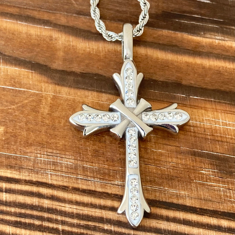 Sanity Jewelry Pendant 2mm 16” Rope Necklace Bling Cross - White Stone Pendant - Rope Necklace - SK2604