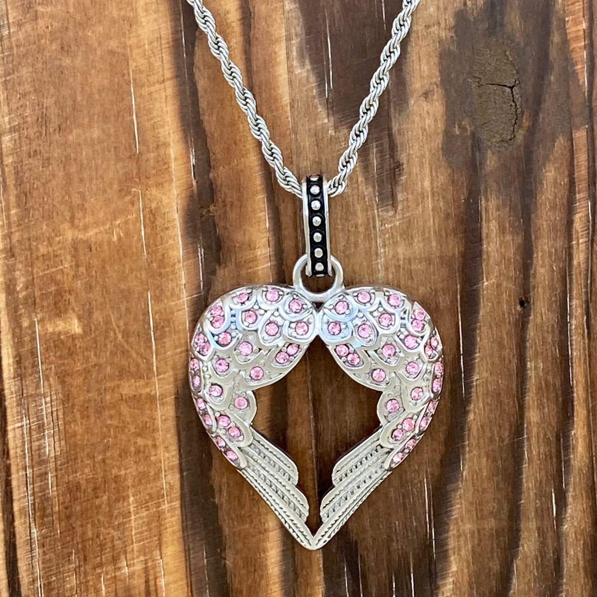Angel Heart Wings Pendant - Silver W/Pink Stone - Rope Necklace or Ome