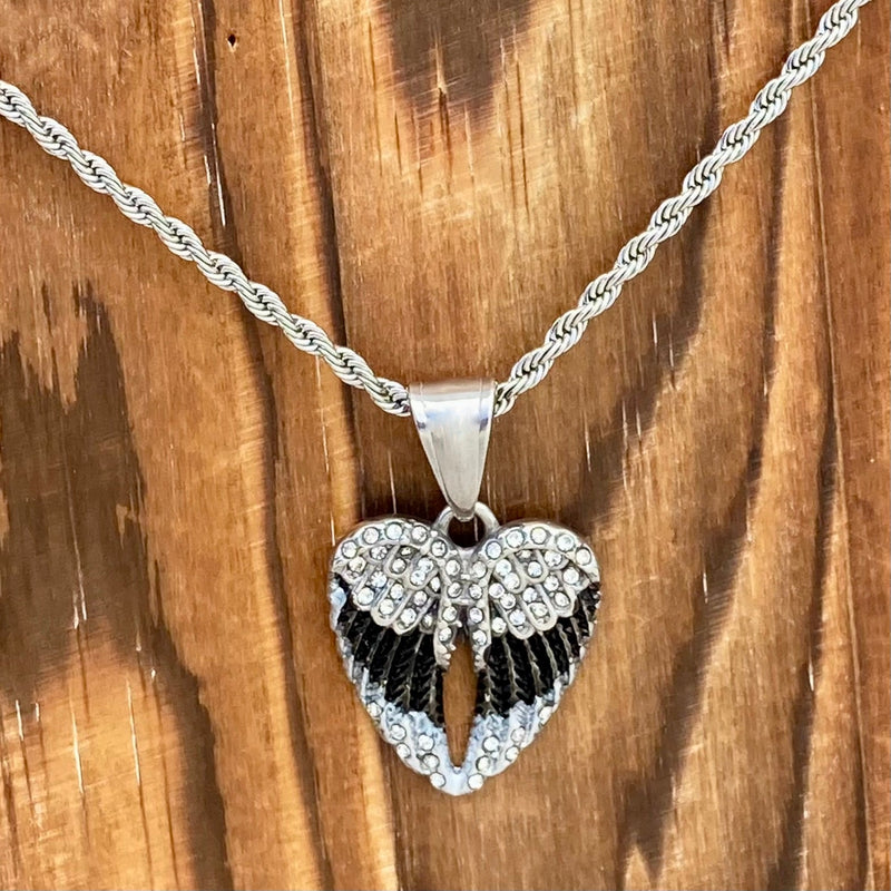 Sanity Jewelry Pendant Angel Wing Heart Mini - Pendant - Rope Necklace - Black w/White Stones - SK2537C