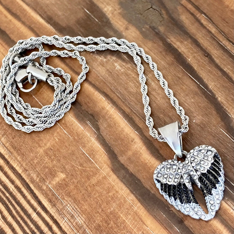 Angel Wing Heart Mini - Pendant - Rope Necklace - Black w/White Stones - SK2537C Pendant Only