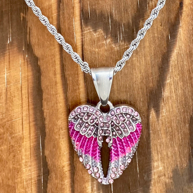 Sanity Jewelry Pendant Angel Wing Heart Mini - Pendant - Rope Necklace - Pink Stone - SK2538C