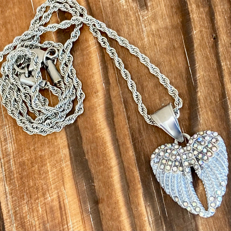 Sanity Jewelry Pendant Angel Wing Heart Mini - Pendant - Rope Necklace - Rainbow Stone - SK2539C