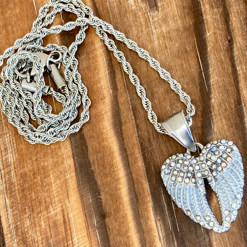 Mini Rope Pendant Angel Wing Heart Mini - Pendant - Rope Necklace - White W/Rainbow Ston