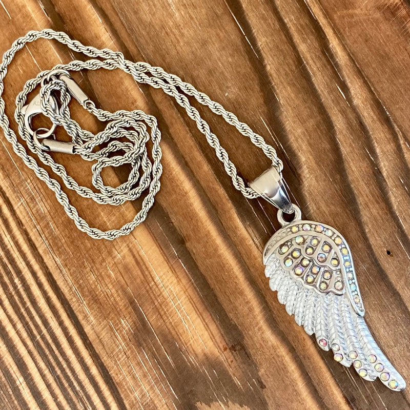 Sanity Jewelry Pendant Angel Wings Crystal Pendant - Rope Necklace or Omega - Rainbow Stones - SK2254