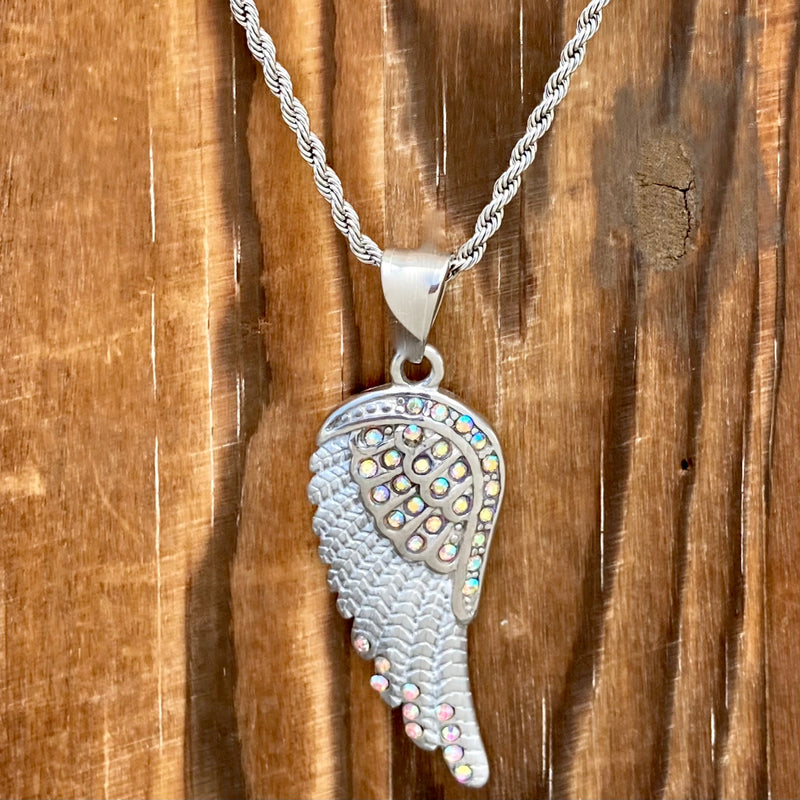 Sanity Jewelry Pendant Angel Wings Crystal Pendant - Rope Necklace or Omega - Rainbow Stones - SK2254