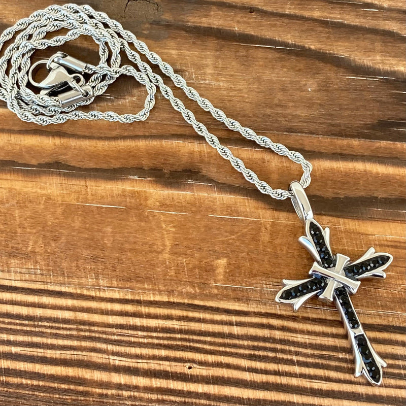 Sanity Jewelry Pendant Bling Cross - Blackstone Pendant - Rope Necklace - SK2605