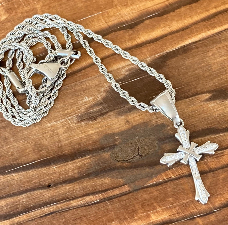 Sanity Jewelry Pendant Bling Cross - White Stone Mini Pendant - Rope Necklace - SK2604M