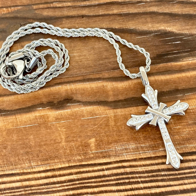 Sanity Jewelry Pendant Bling Cross - White Stone Pendant - Rope Necklace - SK2604