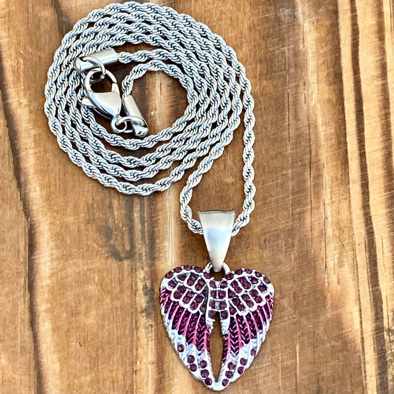 Sanity Jewelry Pendant Pendant Only Angel Wing Heart Mini - Pendant - Rope Necklace - Purple W/Purple Stones - SK2617M
