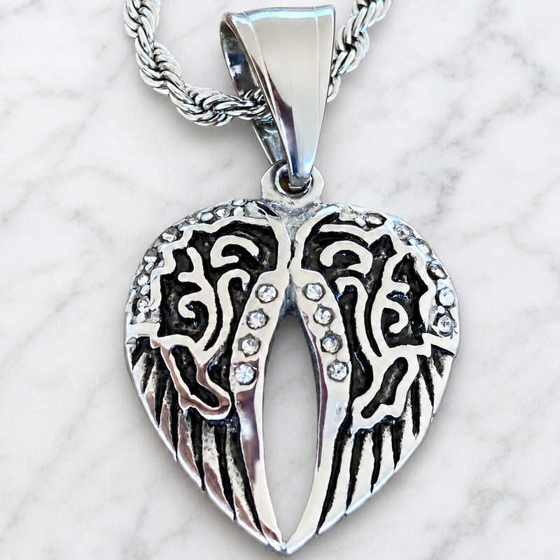 ANGLE MODEL ONE NECKLACE ブラック・シルバー Angel Wing Heart Mini - Pendant - Rope Necklace - Silver W/White Stone
