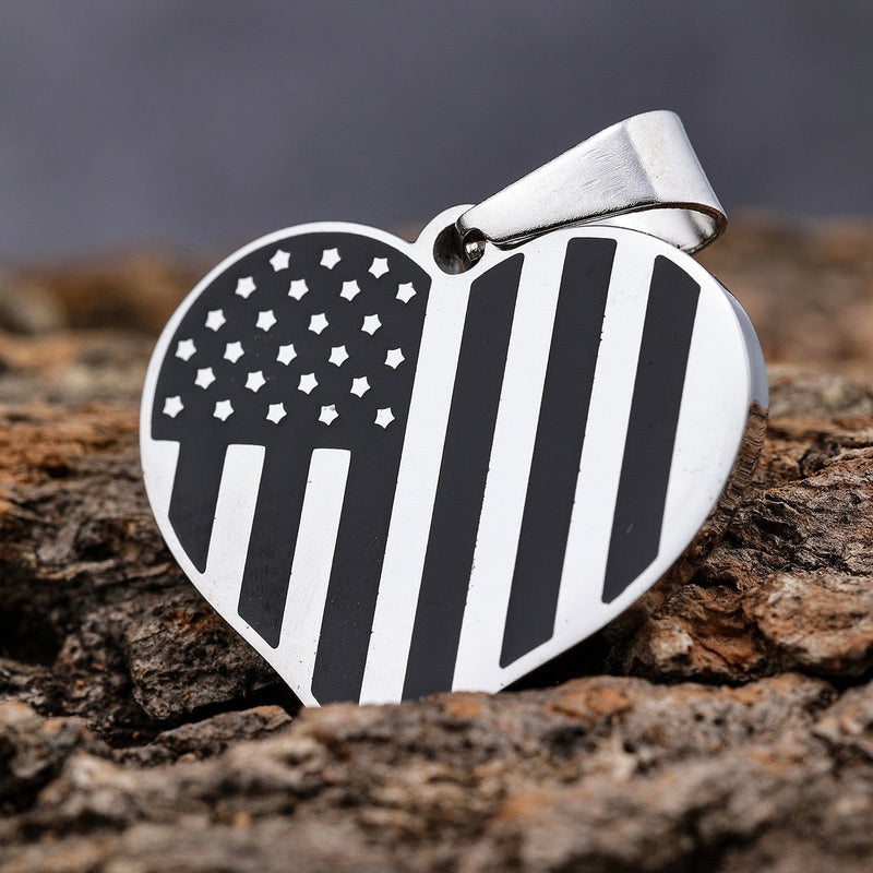 Sanity Jewelry Pendants Only American Flag Heart - Black & Silver Pendant - Rope Necklace or Omega - PEN777