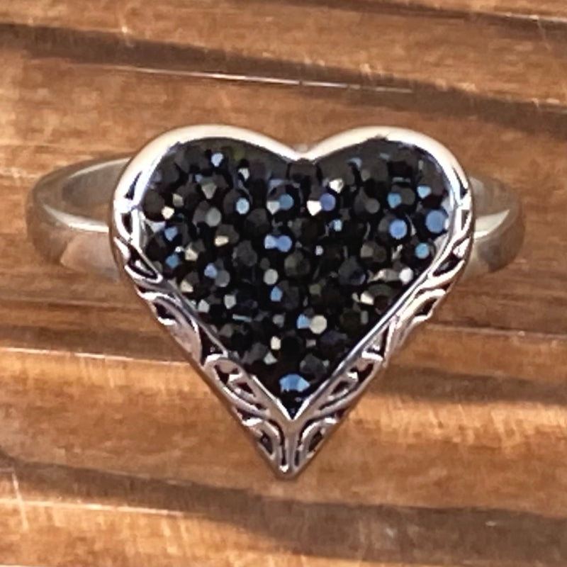 Sanity Jewelry Skull Ring 4 Crystal Heart Ring - Black - Sizes 4-12 - R28