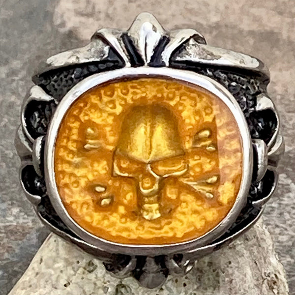 Sanity Jewelry Skull Ring 6 Pirate's Treasure Skull & Crossbones - Silver & Amber - SLC26 CLEARANCE