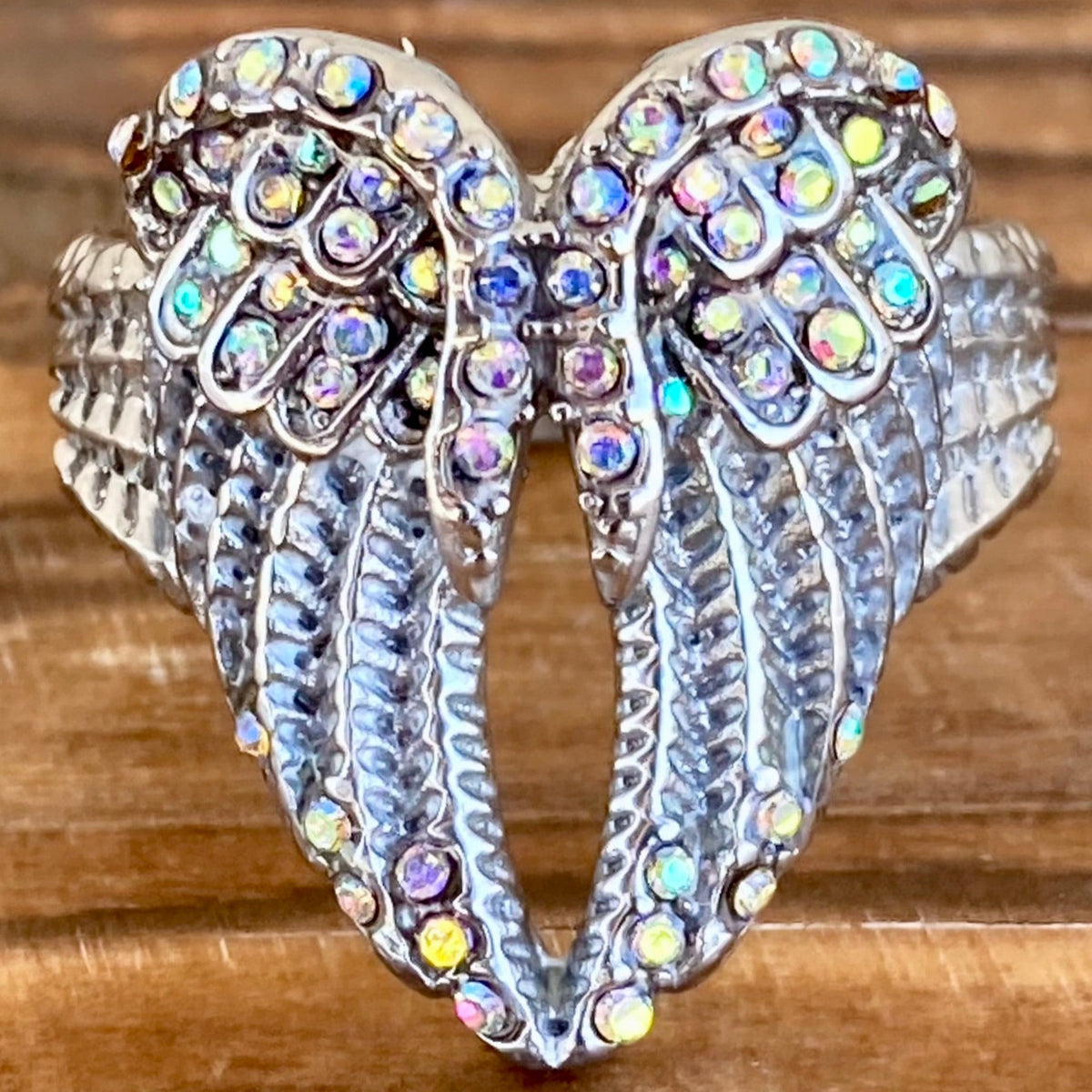 Angel Heart Wing Ring - Silver W/Rainbow Stones - R249