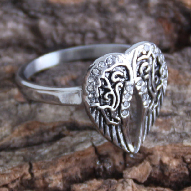 Sanity Jewelry Skull Ring Angel Heart Wing Ring - Silver - R32