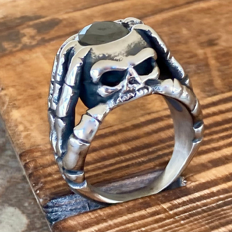 Sanity Jewelry Skull Ring "Black Stone" - Skeleton Hands W/Blackstone- Sizes 8-16 - R212