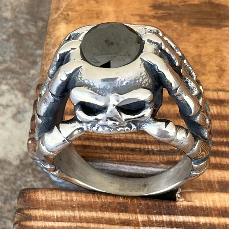Sanity Jewelry Skull Ring "Black Stone" - Skeleton Hands W/Blackstone- Sizes 8-16 - R212