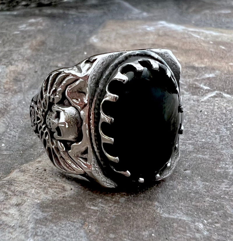 Sanity Jewelry Skull Ring "Black Stone" - Skull & Angel Wings - R136