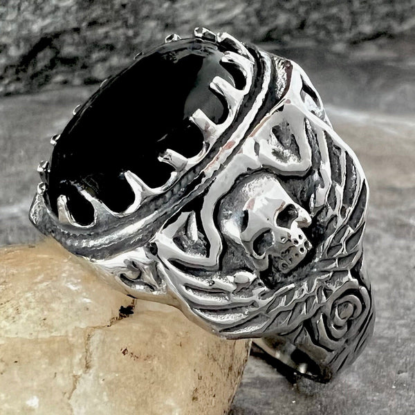 Sanity Jewelry Skull Ring "Black Stone" - Skull & Angel Wings - Sizes 8-16 - R136