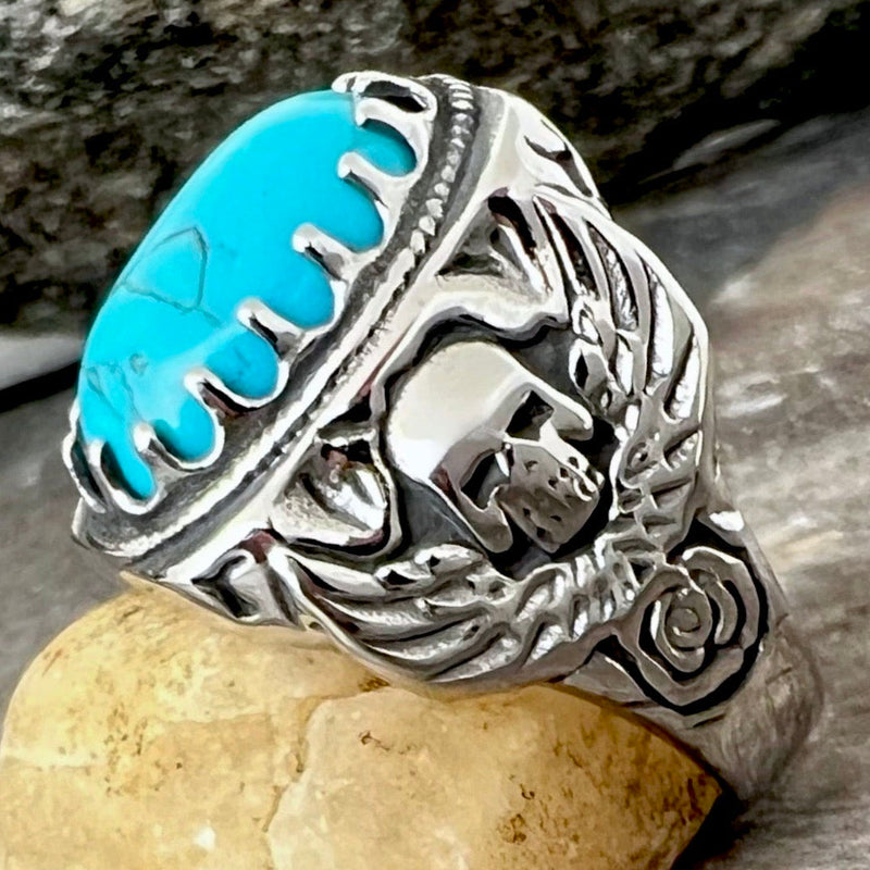 Sanity Jewelry Skull Ring "Blue Stone" - Skull & Angel Wings - Sizes 9-16 - R105