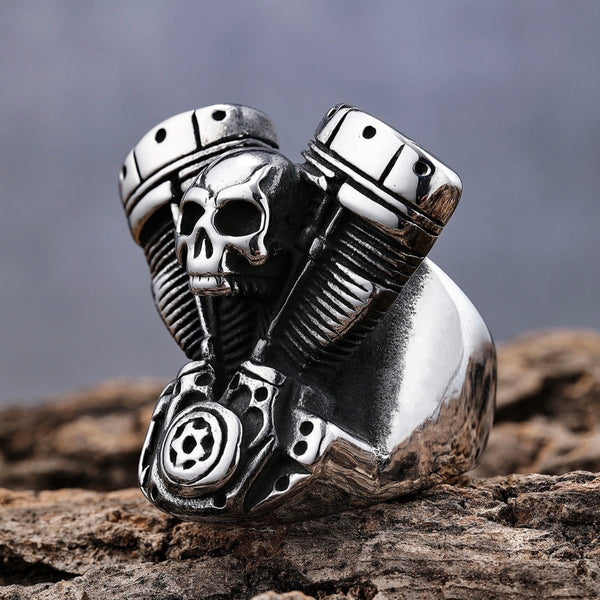 Sanity Jewelry Skull Ring "Bone Crusher" - V Twin & Skull - Sizes 10-20 - R17