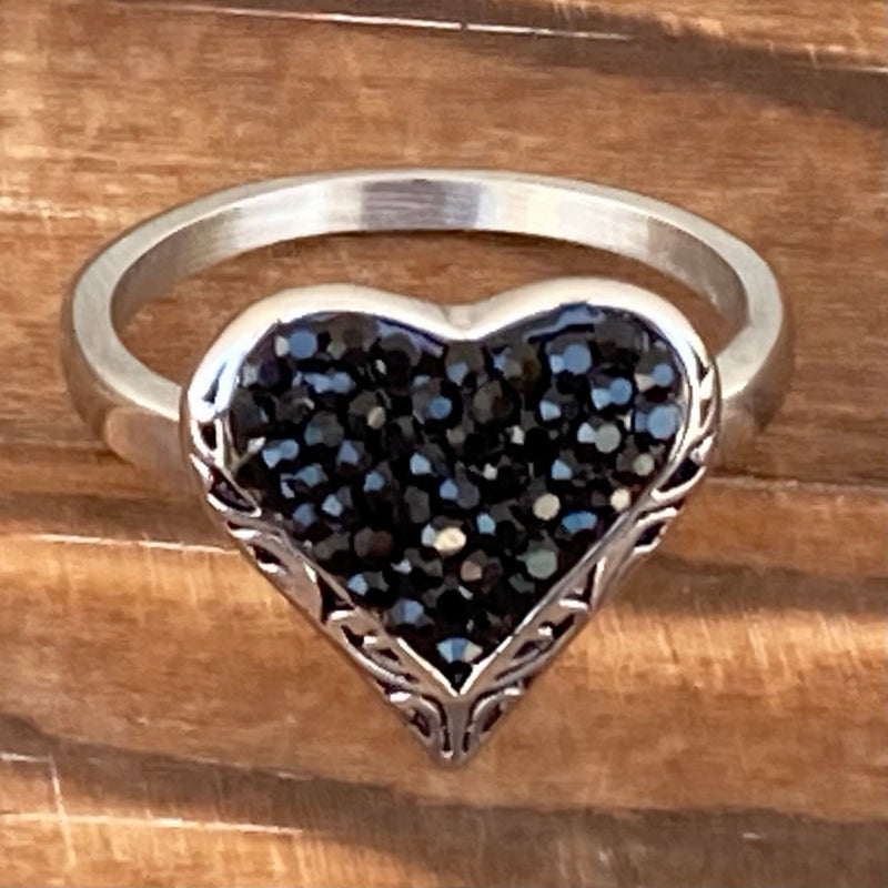 Sanity Jewelry Skull Ring Crystal Heart Ring - Black - Sizes 4-12 - R28