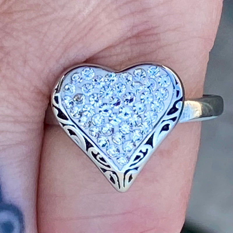 Silver Toned White Crystal Heart Ring Size 7.5 - 2.15g