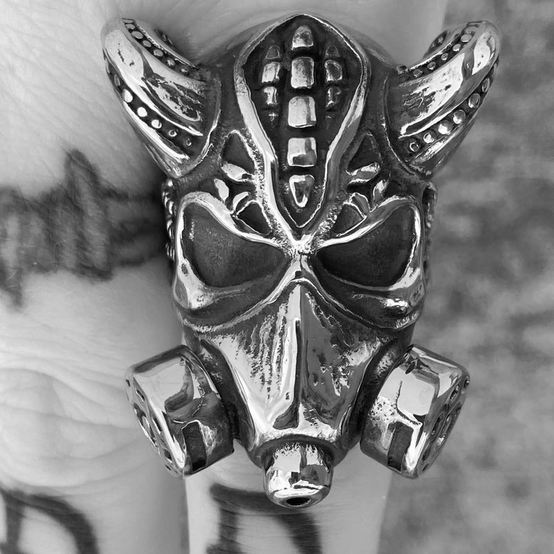 Sanity Jewelry Skull Ring Gas Mask W/Horns - Silver - SLC58 CLEARANCE