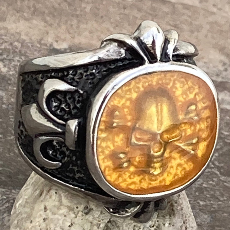 Sanity Jewelry Skull Ring Pirate's Treasure Skull & Crossbones - Silver & Amber - SLC26 CLEARANCE