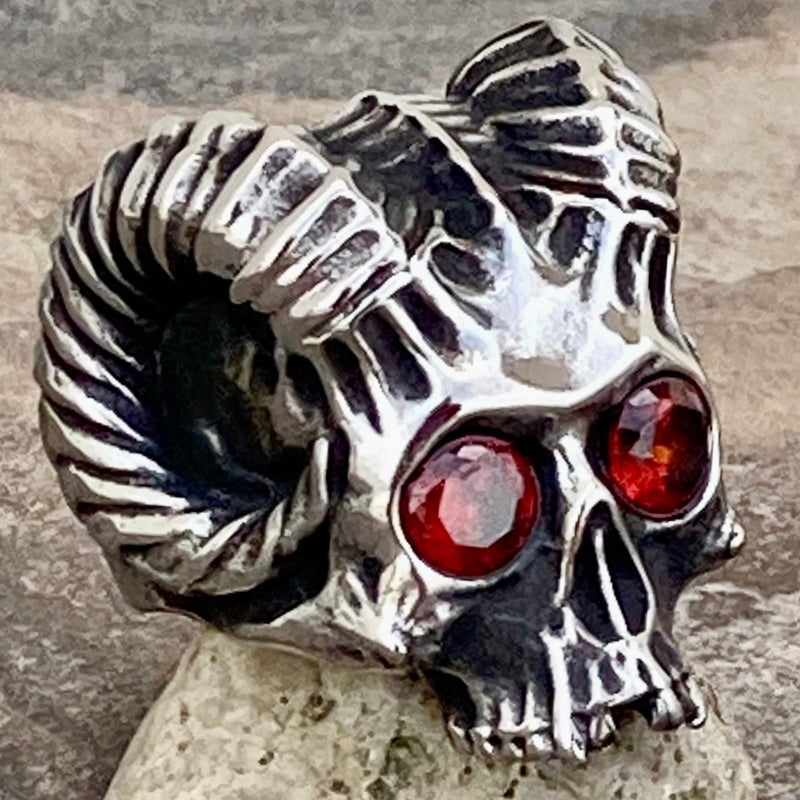 Sanity Jewelry Skull Ring Ram W/Red Eyes - Silver - SLC21 CLEARANCE