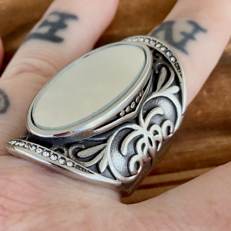 Sanity Jewelry Skull Ring The Looking Glass - Mirror -  Silver w/White Stone - Sizes 5-16 - R67