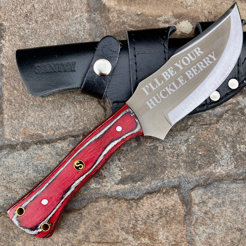 SANITY JEWELRY® Steel 10” Rough Rider Series - I’ll Be Your Huckleberry - Red & Black Wood - D2 Steel - Horizontal & Vertical Carry - CUS66