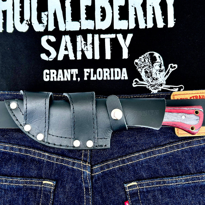 SANITY JEWELRY® Steel 10” Rough Rider Series - I’ll Be Your Huckleberry - Red & Black Wood - D2 Steel - Horizontal & Vertical Carry - CUS66