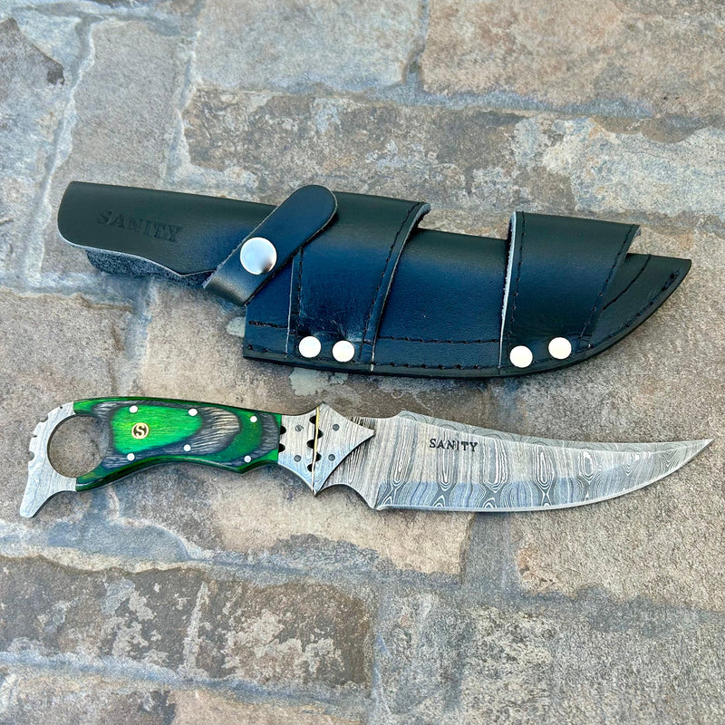 Sanity Jewelry Steel 11” John Dillinger - Green Wood - Damascus - Horizontal & Vertical Carry - JDE11