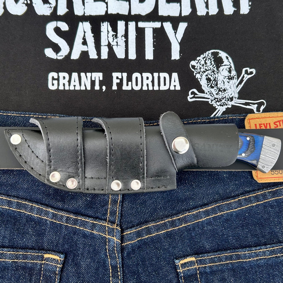 8.5” Lucky Luciano - Blue & Black Wood - Damascus - Horizontal & Verti