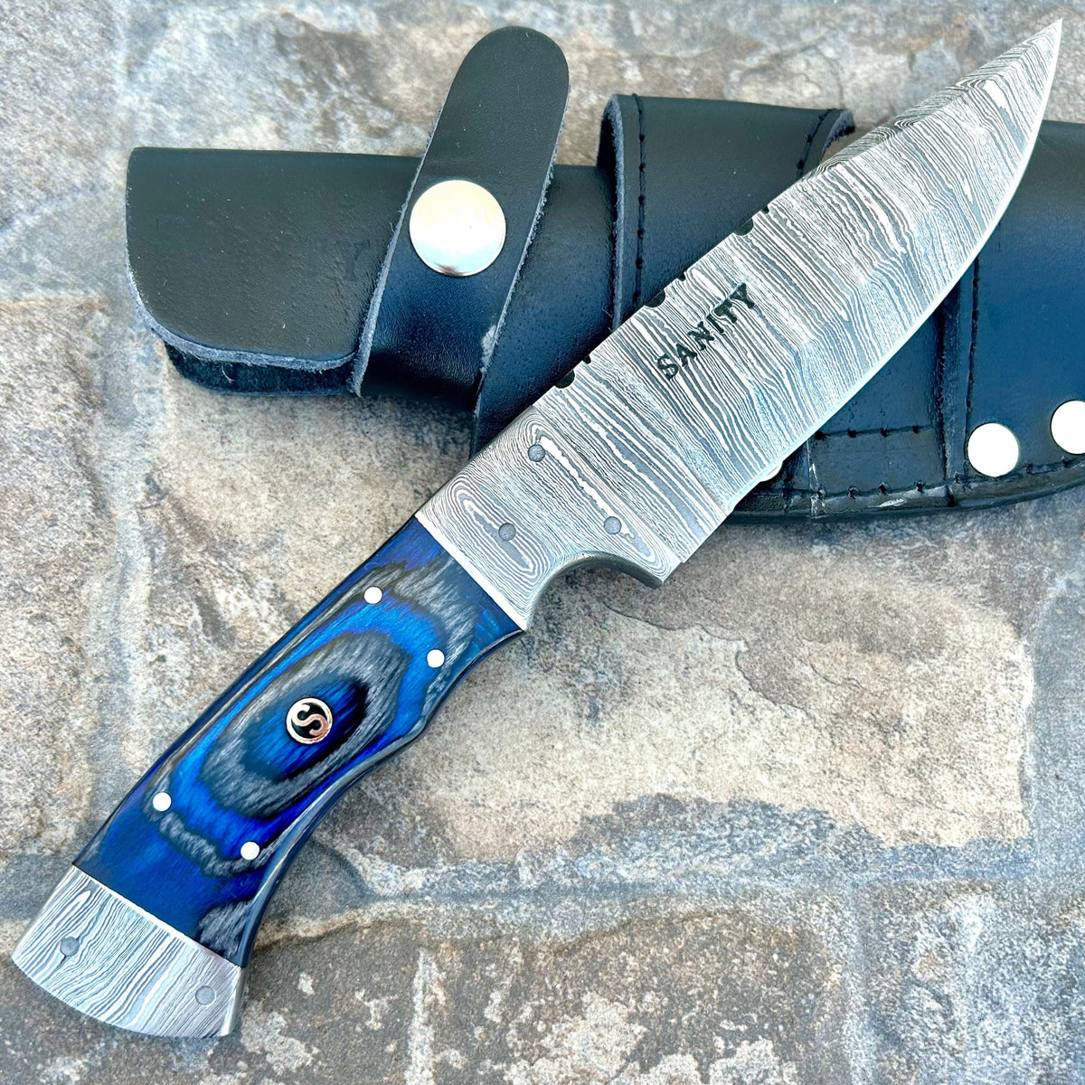 8.5” Lucky Luciano - Blue & Black Wood - Damascus - Horizontal & Verti