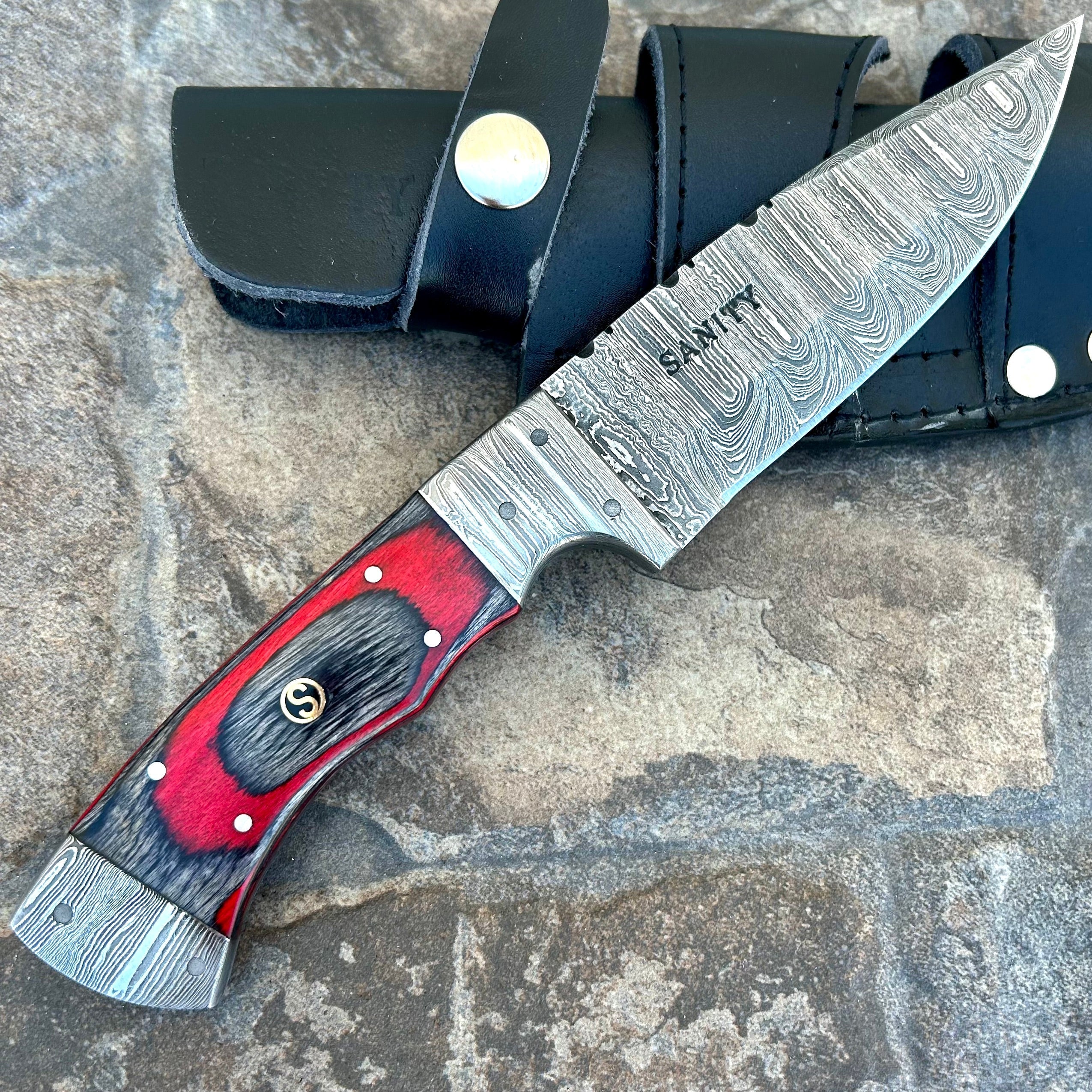 8.5” Lucky Luciano - Red & Black Wood - Damascus - Horizontal & Vertic