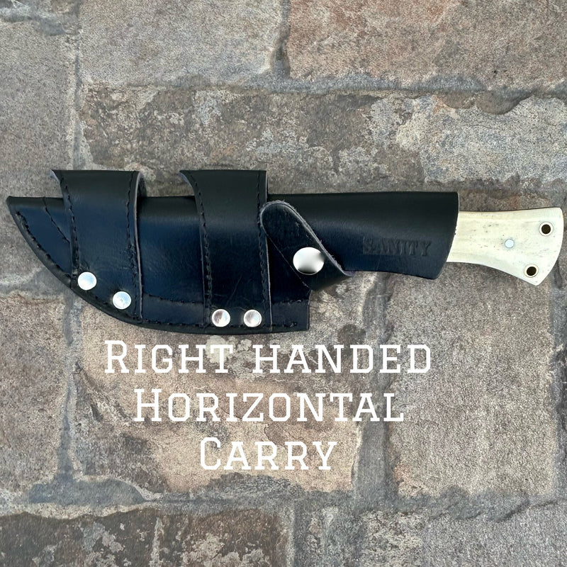 SANITY JEWELRY® Steel Belt Sheath Right Handed Horizontal 10" Rough Rider Series - Bone - Navy - D2 Steel - Horizontal & Vertical Carry - CUS57